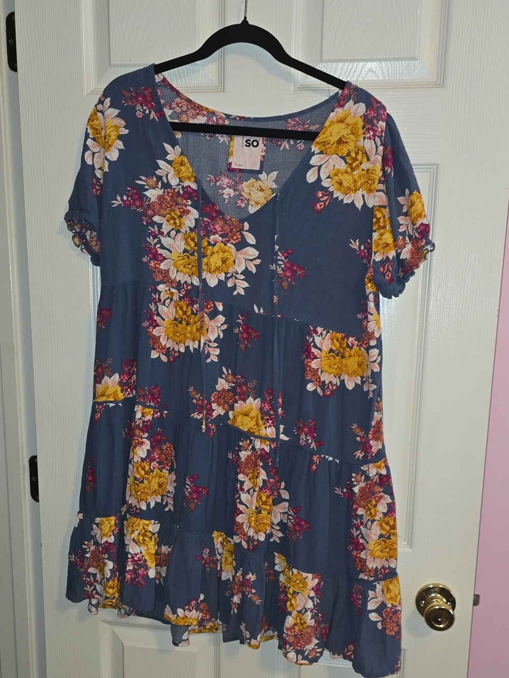 SO Blue Floral Top with Yellow and Pink Blooms‎